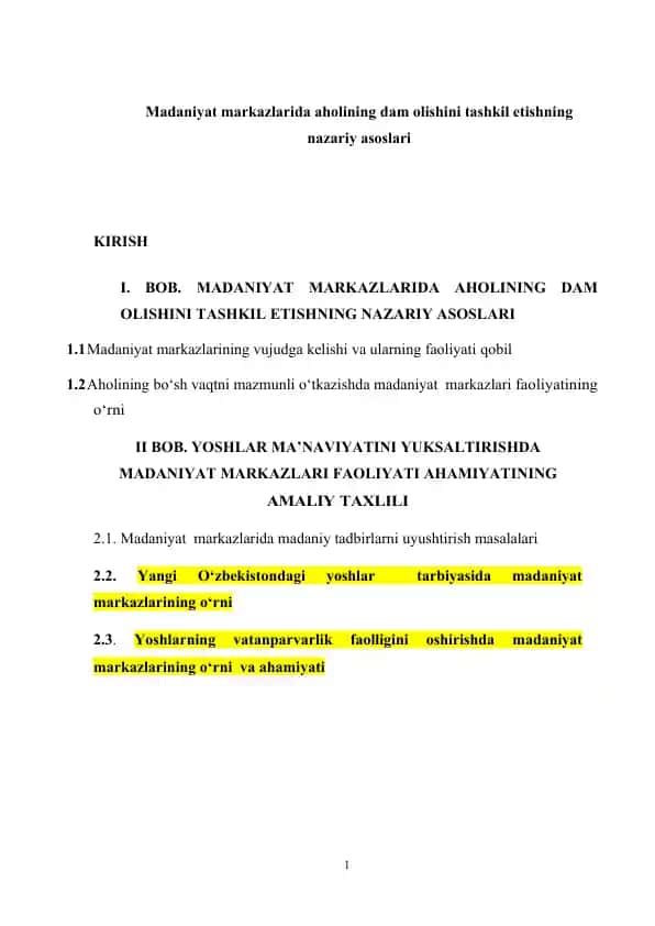 Madaniyat markazlarida aholining dam olishini tashkil etishning nazariy asoslari