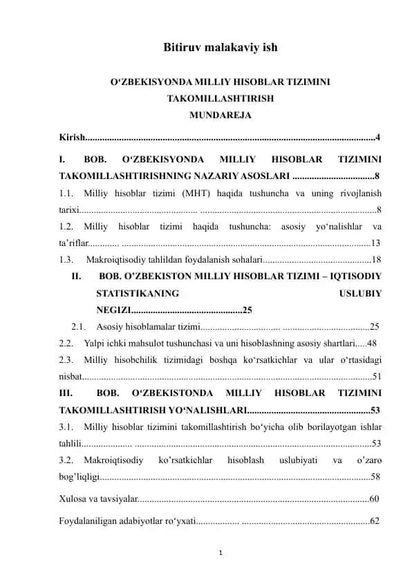 Oʻzbekistonda Milliy Hisoblar Tizimini Takomillashtirish
