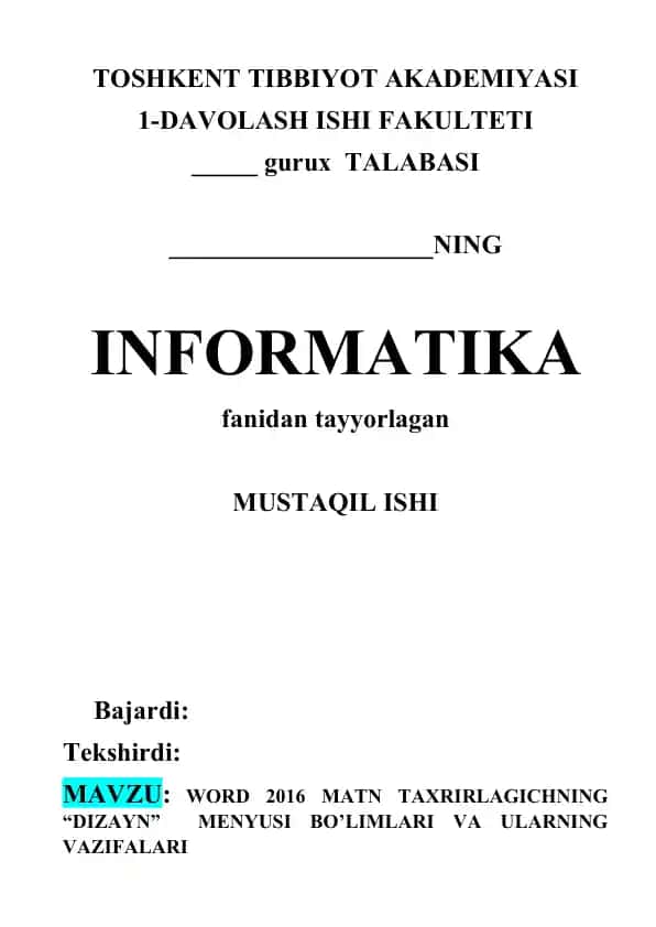 WORD 2016 MATN TAXRIRLAGICHNING “DIZAYN” MENYUSI BO’LIMLARI VA ULARNING VAZIFALARI