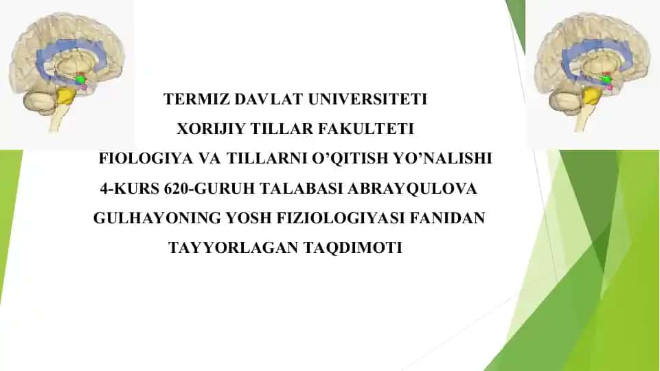 Yosh fiziologiyasi va gigiyena fanidagi taqdimot