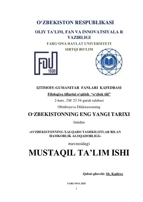 O‘ZBEKISTONNING XALQARO TASHKILOTLAR BILAN HAMKORLIK ALOQADORLIGI