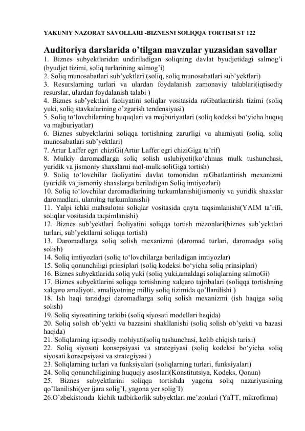 Yakuniy nazorat savollari - Biznesni soliqqa tortish ST 122