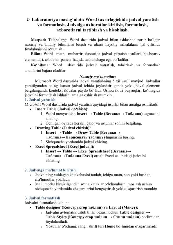 Word dasturida jadval yaratish va formatlash
