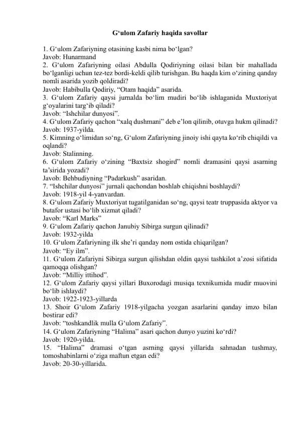 G'ulom Zafariy test savollari 15 talik