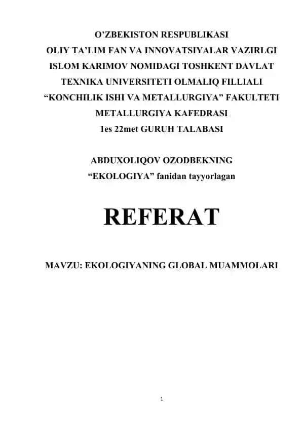 EKOLOGIYANING GLOBAL MUAMMOLARI