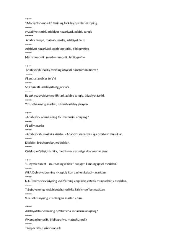 Adabiyotshunoslik YN testlar