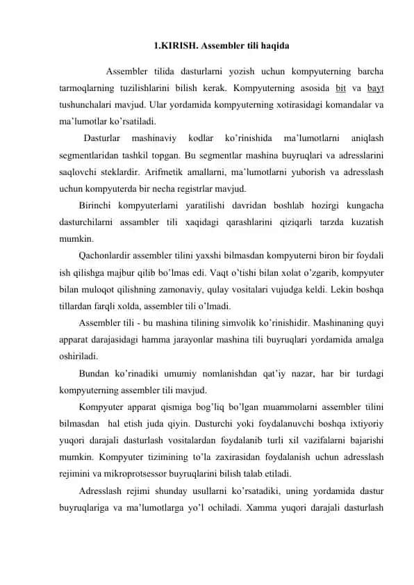 Assembler tilida dasturlarni yozish