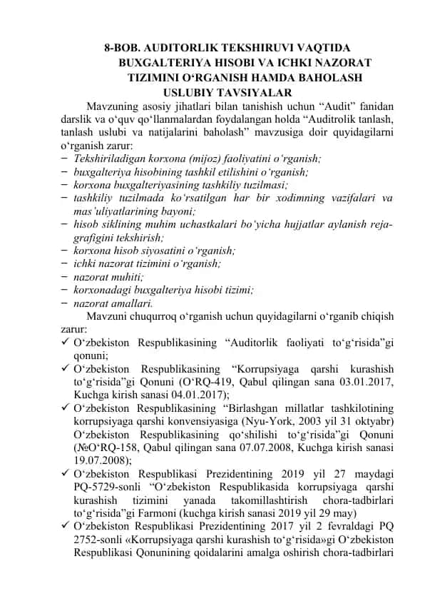 BOB. AUDITORLIK TEKSHIRUVI VAQTIDA BUXGALTERIYA HISOBI VA ICHKI NAZORAT TIZIMINI O‘RGANISH HAMDA BAHOLASH