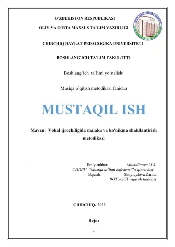 Vokal ijrochiligida malaka va ko'nikma shakllantirish metodikasi