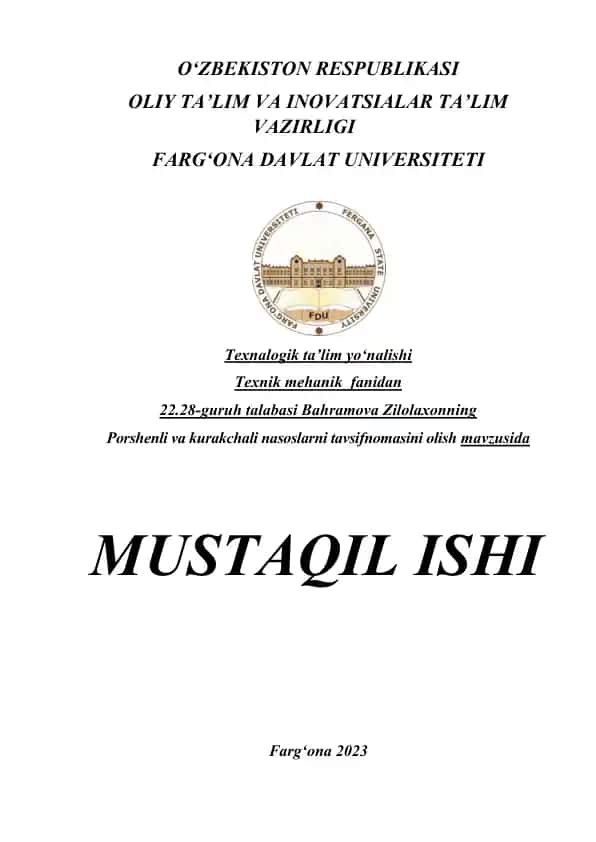 Porshenli va kurakchali nasoslar tavsifnomasi