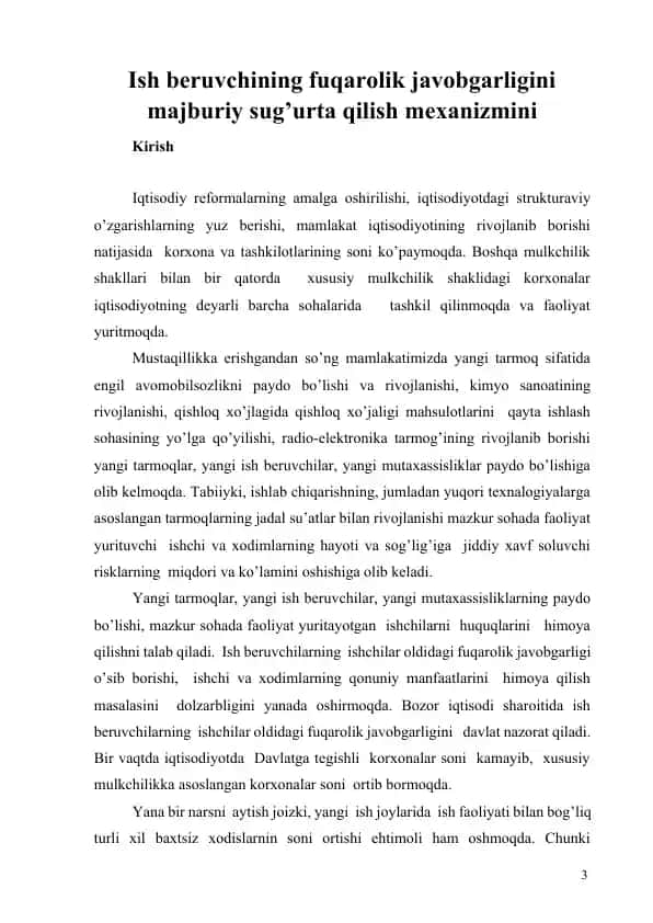Ish beruvchining fuqarolik javobgarligini majburiy sug’urta qilish mexanizmi