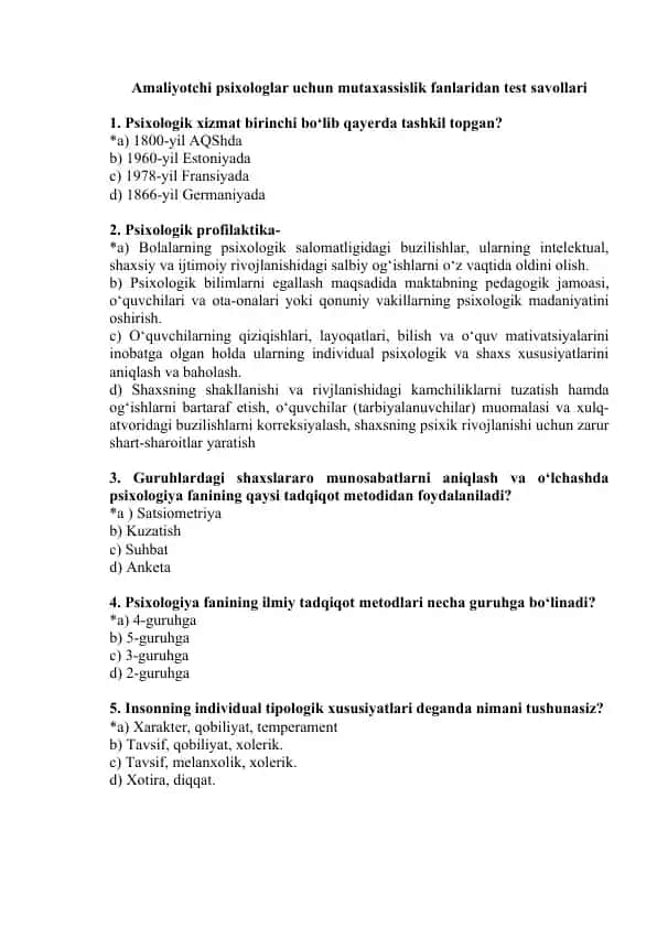 Amaliyotchi psixologlar uchun mutaxassislik fanlaridan test savollari