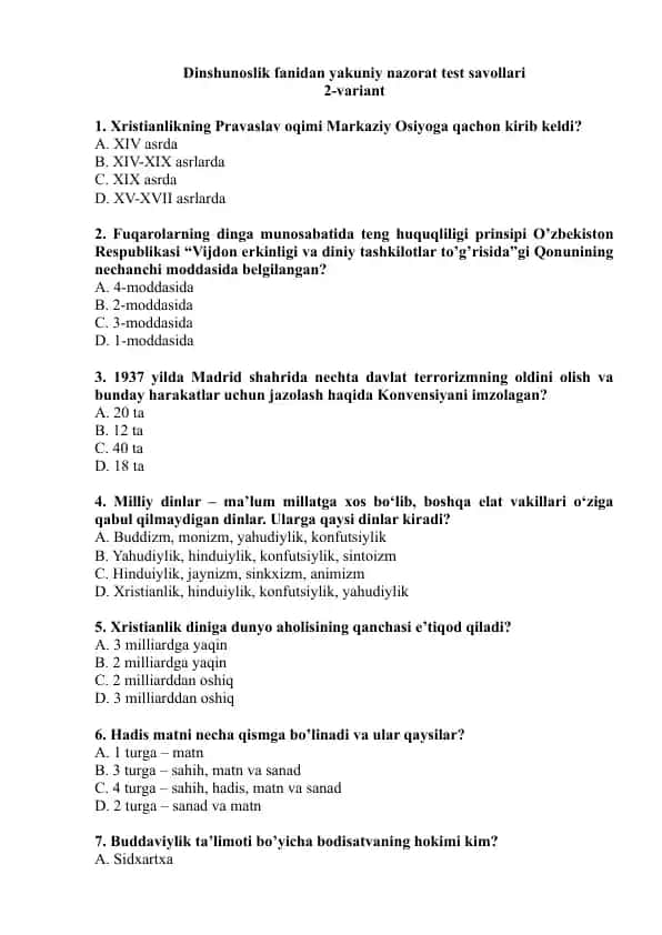 Dinshunoslik fanidan yakuniy nazorat test savollari