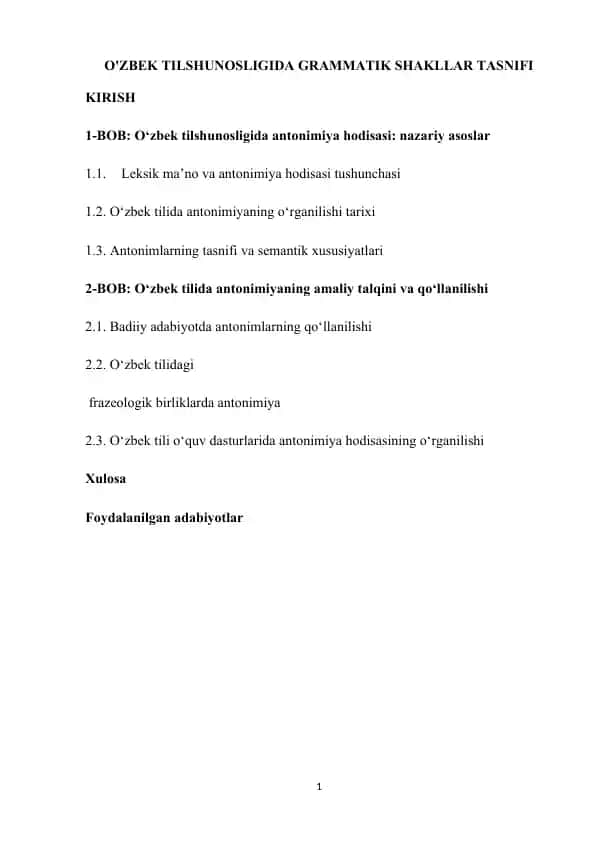 O'zbek Tilshunosligida Grammatik Shakllar Tasnifi