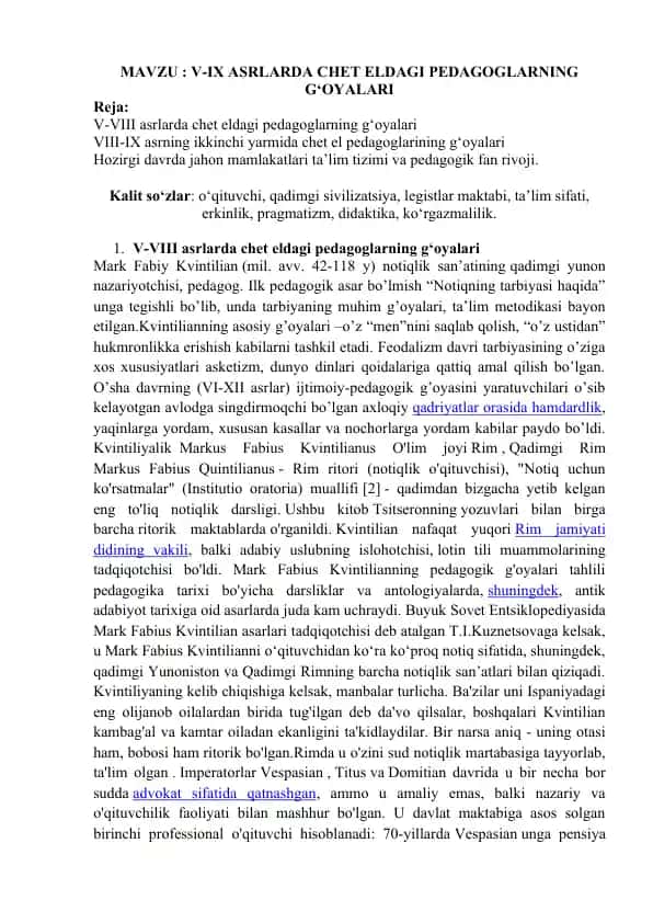 V-IX ASRLARDA CHET ELDAGI PEDAGOGLARNING G‘OYALARI