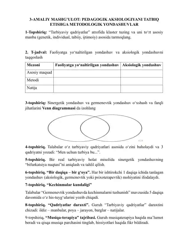 AMALIY MASHG’ULOT: PEDAGOGIK AKSIOLOGIYANI TATBIQ ETISHGA METODOLOGIK YONDASHUVLAR
