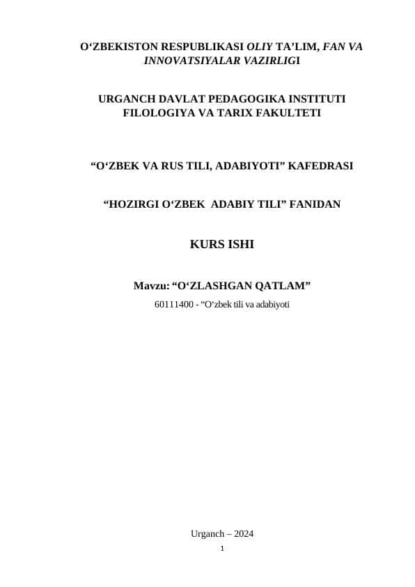 Hozirgi O'zbek Adabiy Tili fanidan kurs ishi