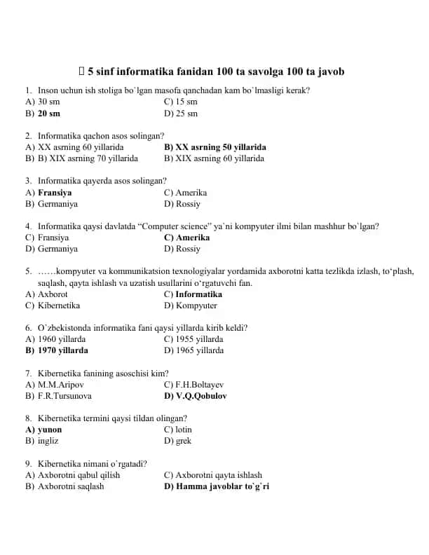 5 sinf informatika fanidan 100 ta savolga 100 ta javob