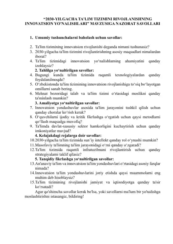 2030-YILGACHA TA'LIM TIZIMINI RIVOJLANISHNING INNOVATSION YO'NALISHLARI