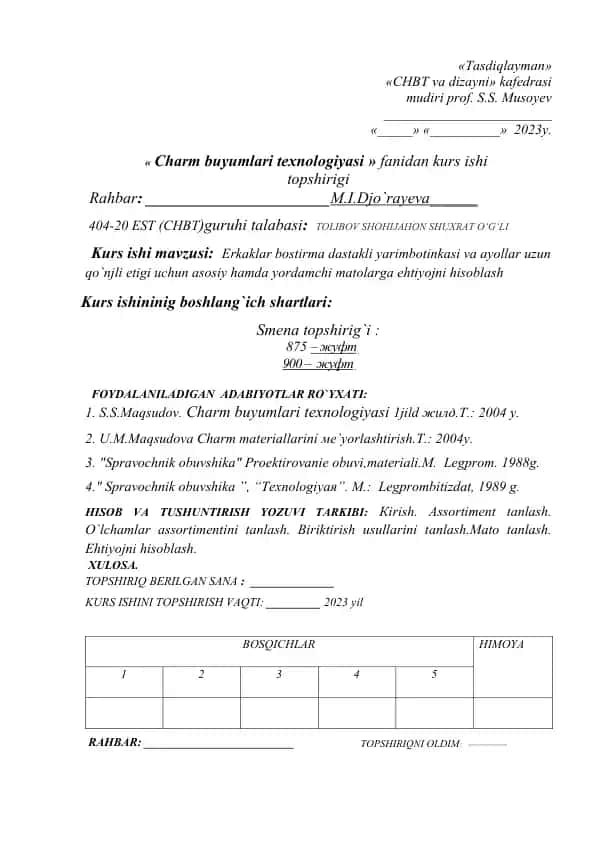 Charm buyumlari texnologiyasi fanidan kurs ishi topshirigi