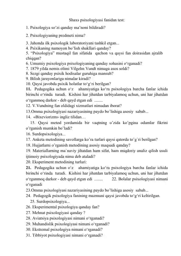 Shaxs Psixologiyasi test savollari