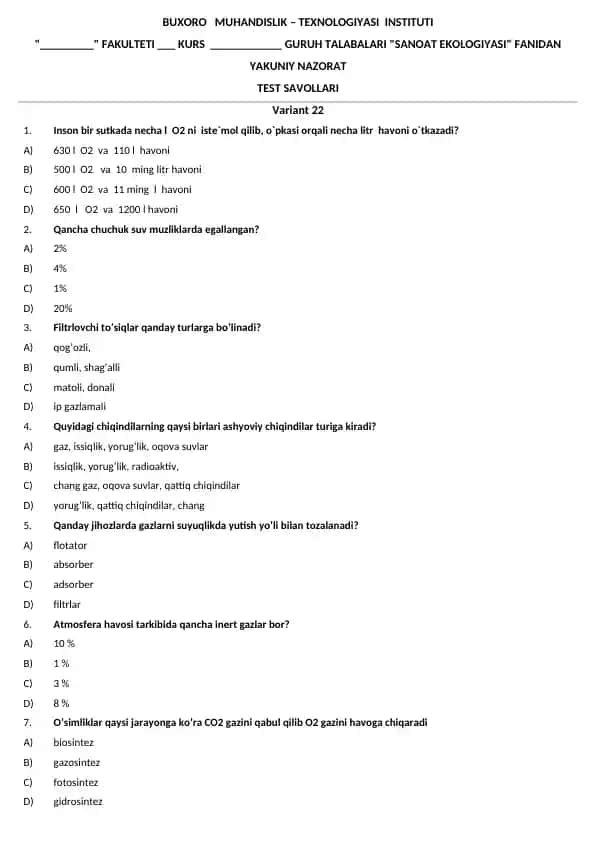 "SANOAT EKOLOGIYASI" fanidan test savollari