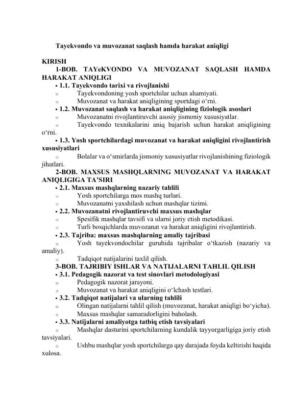 Tayekvondo va Muvozanat Saqlash Hamda Harakat Aniqligi