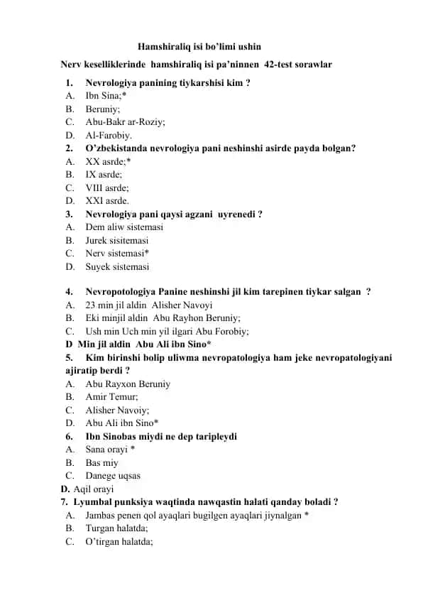 Hamshiralik ishi bo‘limi uchun Nevrologiya bo‘yicha 42 test savollar to‘plami