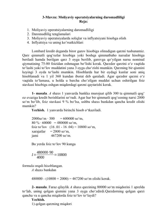 Moliyaviy operatsiyalarning daromadliligi