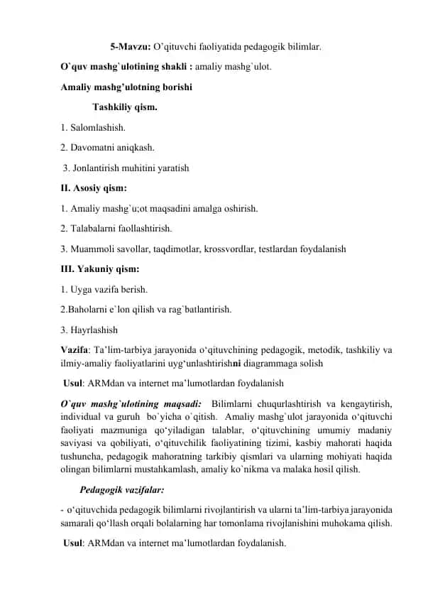 O’qituvchi faoliyatida pedagogik bilimlar
