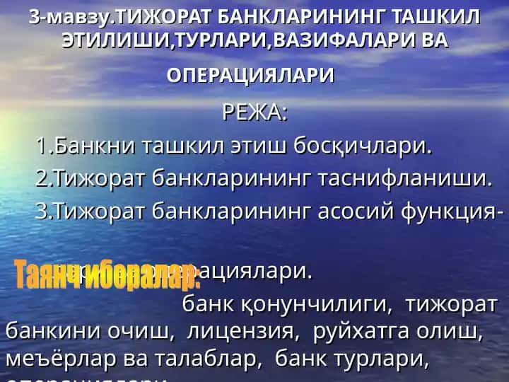 Tijorat banklarining tashkil etilishi, turlari, vazifalari va operatsiyalari