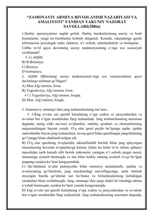 ZAMONAVIY ARMIYA RIVOJLANISH NAZARIYASI VA AMALIYOTI FANIDAN YAKUNIY NAZORAT SAVOLLARI(200ta)
