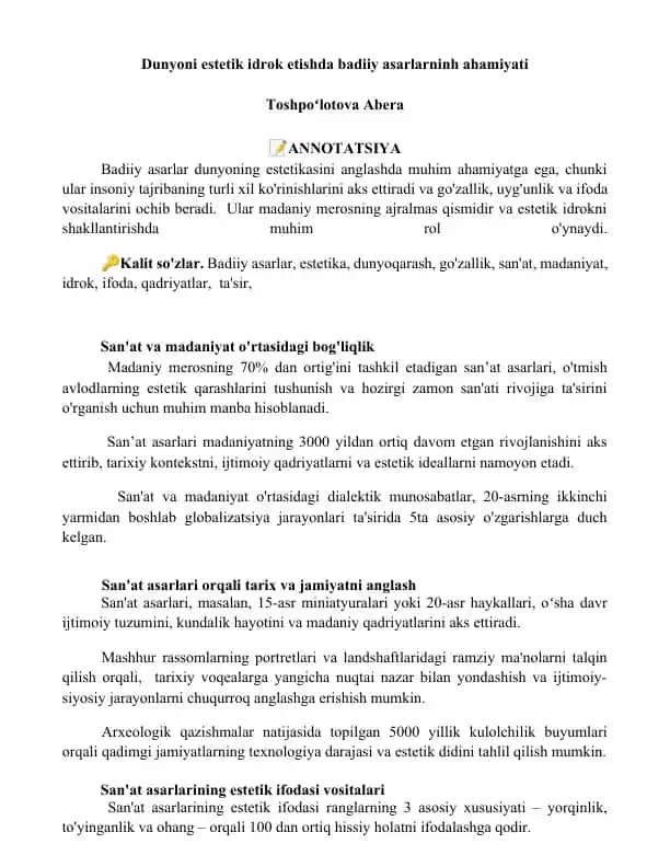 Badiiy asarlar dunyoning estetikasini anglashda