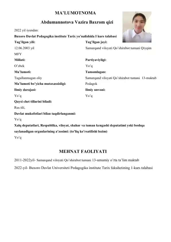 MA’LUMOTNOMA Abdumannotova Vazira Baxrom qizi