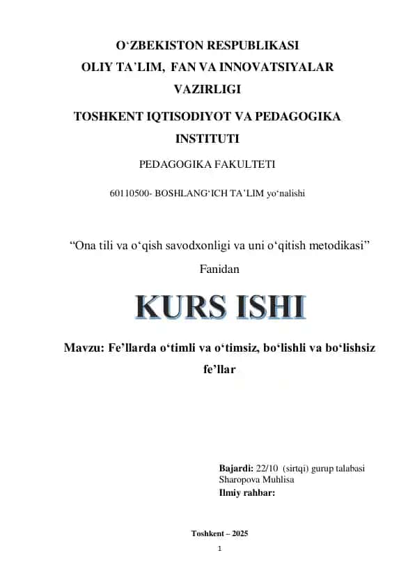 Ona tili va oʻqish savodxonligi va uni oʻqitish metodikasi