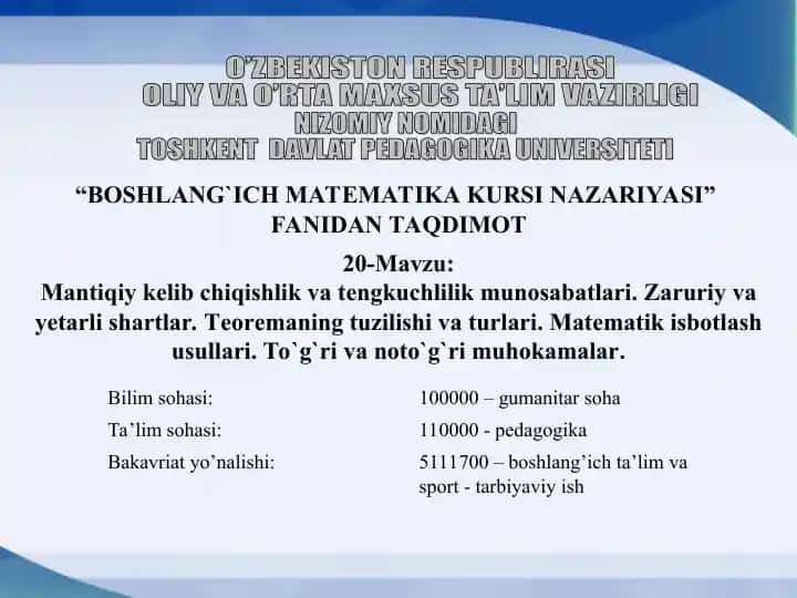 BOSHLANG`ICH MATEMATIKA KURSI NAZARIYASI