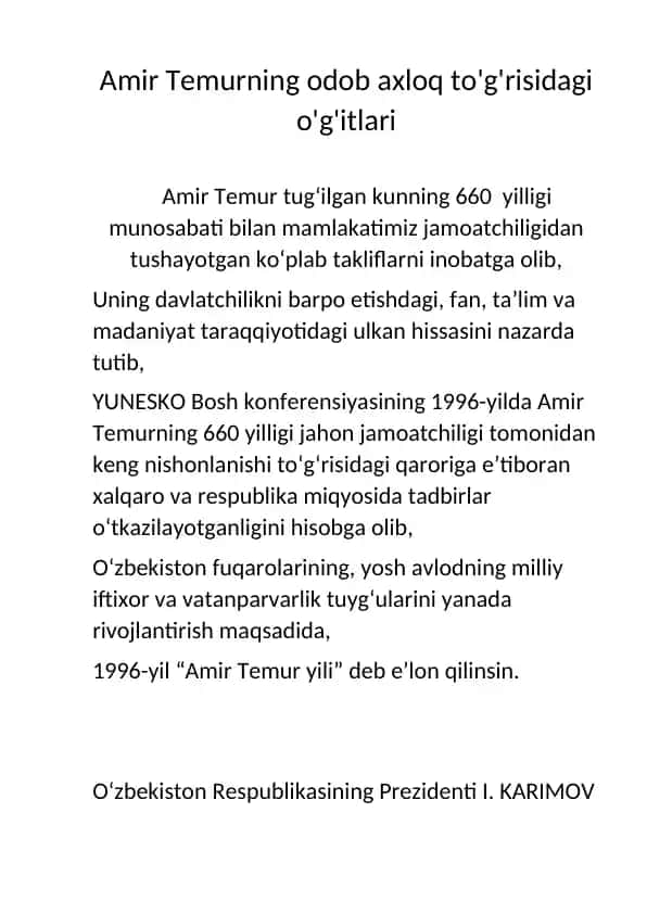 Amir Temurning odob axloq to'g'risidagi o'g'itlari