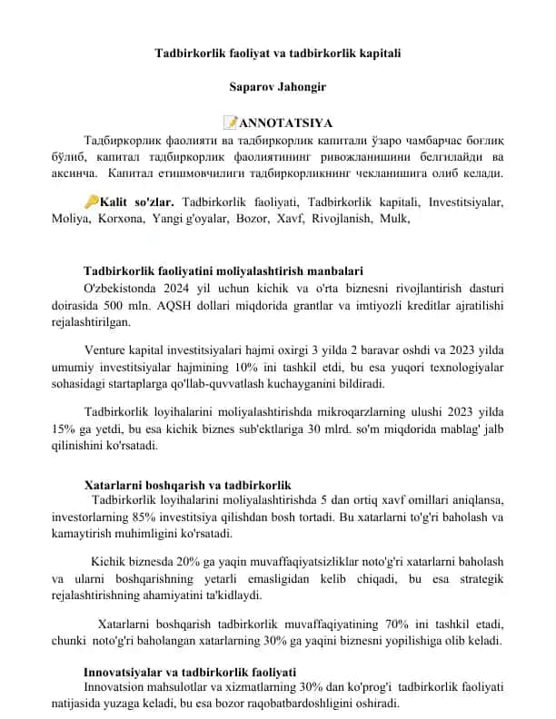 Tadbirkorlik faoliyat va tadbirkorlik kapitali