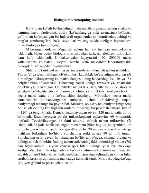 Biologik mikroskopning tuzilishi
