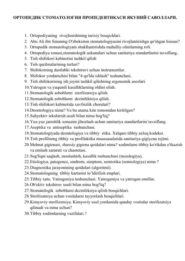 Ortopedik Stomatologiya Propedevtikasi Yakuniy Savollari
