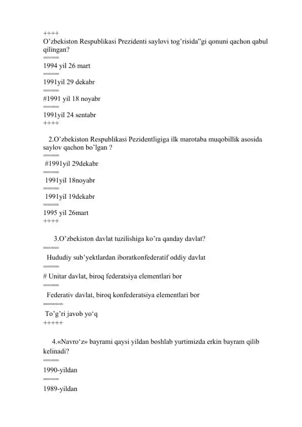O'zbekiston Respublikasi Prezidenti Saylovi Tog'risida Qonun