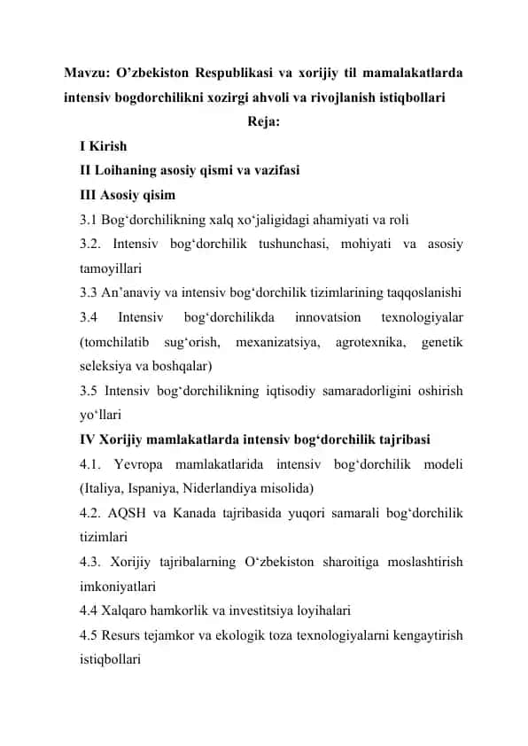 Intensiv bog'dorchilikning xozirgi ahvoli va rivojlanish istiqbollari