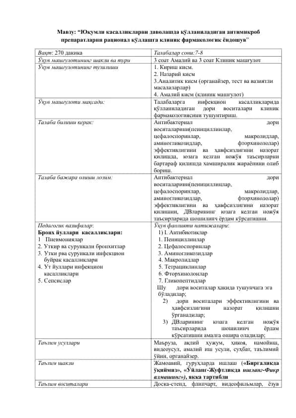 Юқумли касалликларни даволашда қўлланиладиган антимикроб препаратларни рационал қўллашга клиника фармакологик ёндошув