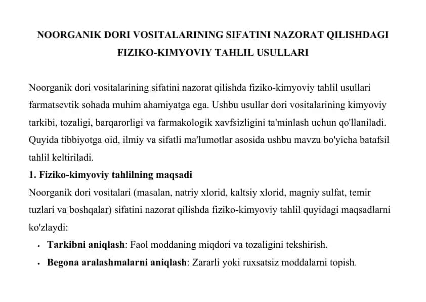 NOORGANIK DORI VOSITALARINING SIFATINI NAZORAT QILISHDAGI FIZIKO-KIMYOVIY TAHLIL USULLARI
