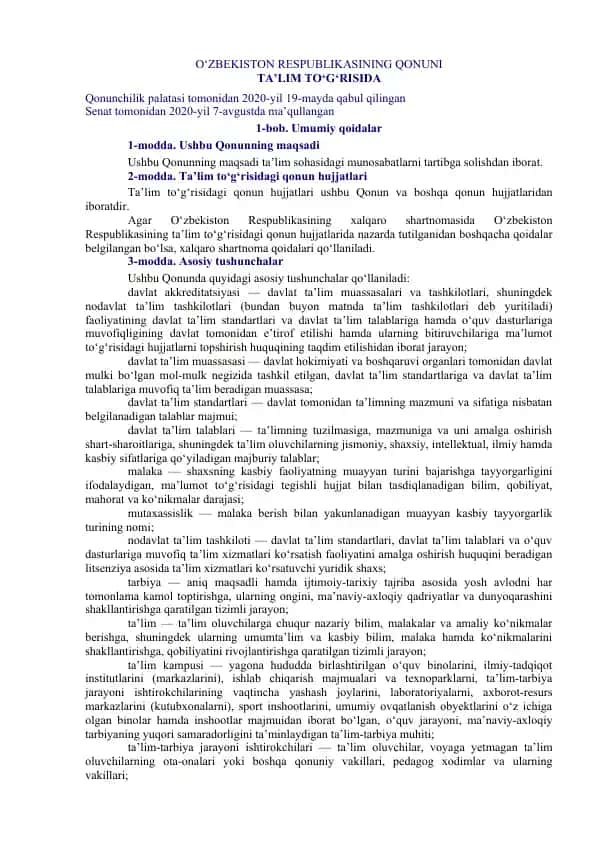 O‘zbekiston Respublikasining Qonuni Ta’lim To‘g‘risida