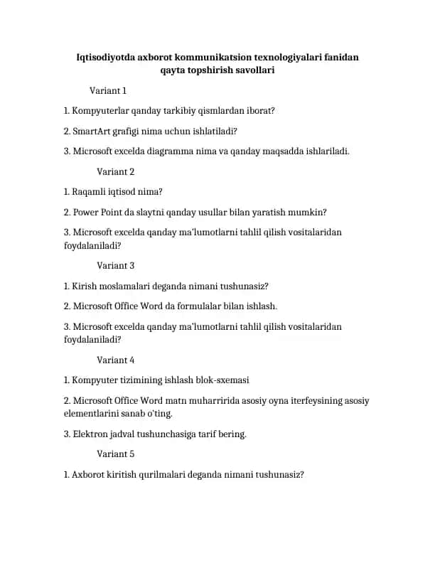Iqtisodiyotda axborot kommunikatsion texnologiyalari fanidan qayta topshirish savollari