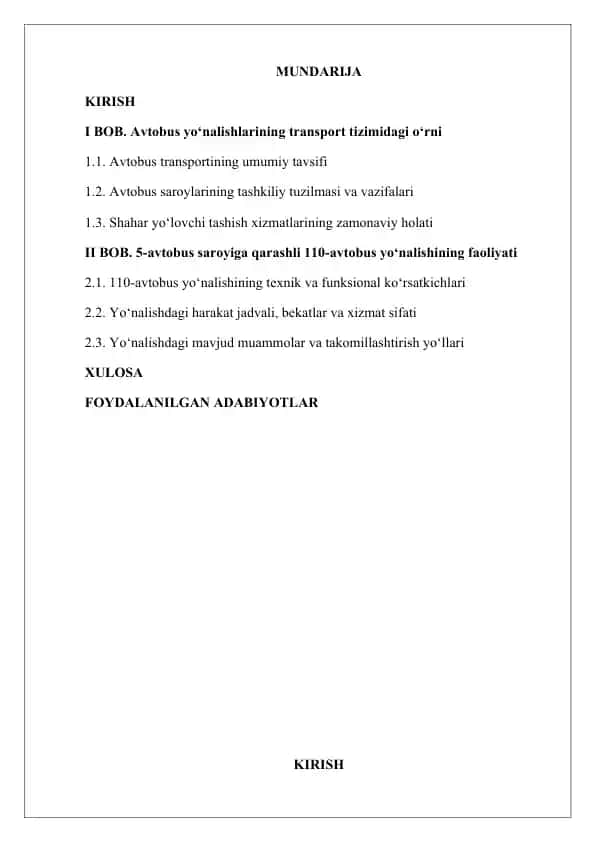 Avtobus yo‘nalishlarining transport tizimidagi o‘rni