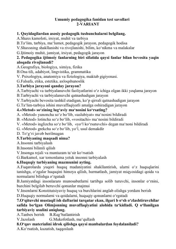 Umumiy pedagogika fanidan test savollari