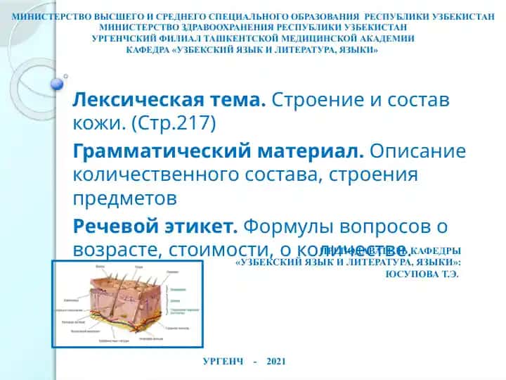 Лексическая тема.Строение и состав кожи.(Стр.217)