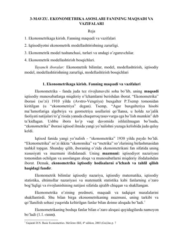 Ekonometrika asoslari fanining maqsadi va vazifalari
